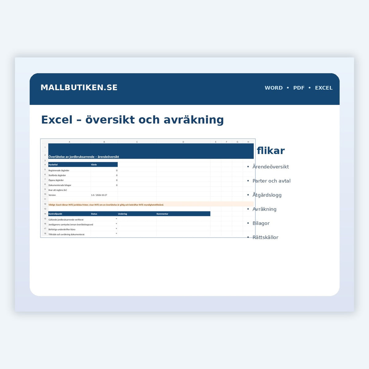 Excel arbetsbok för ärendeöversikt och ekonomisk avräkning vid överlåtelse