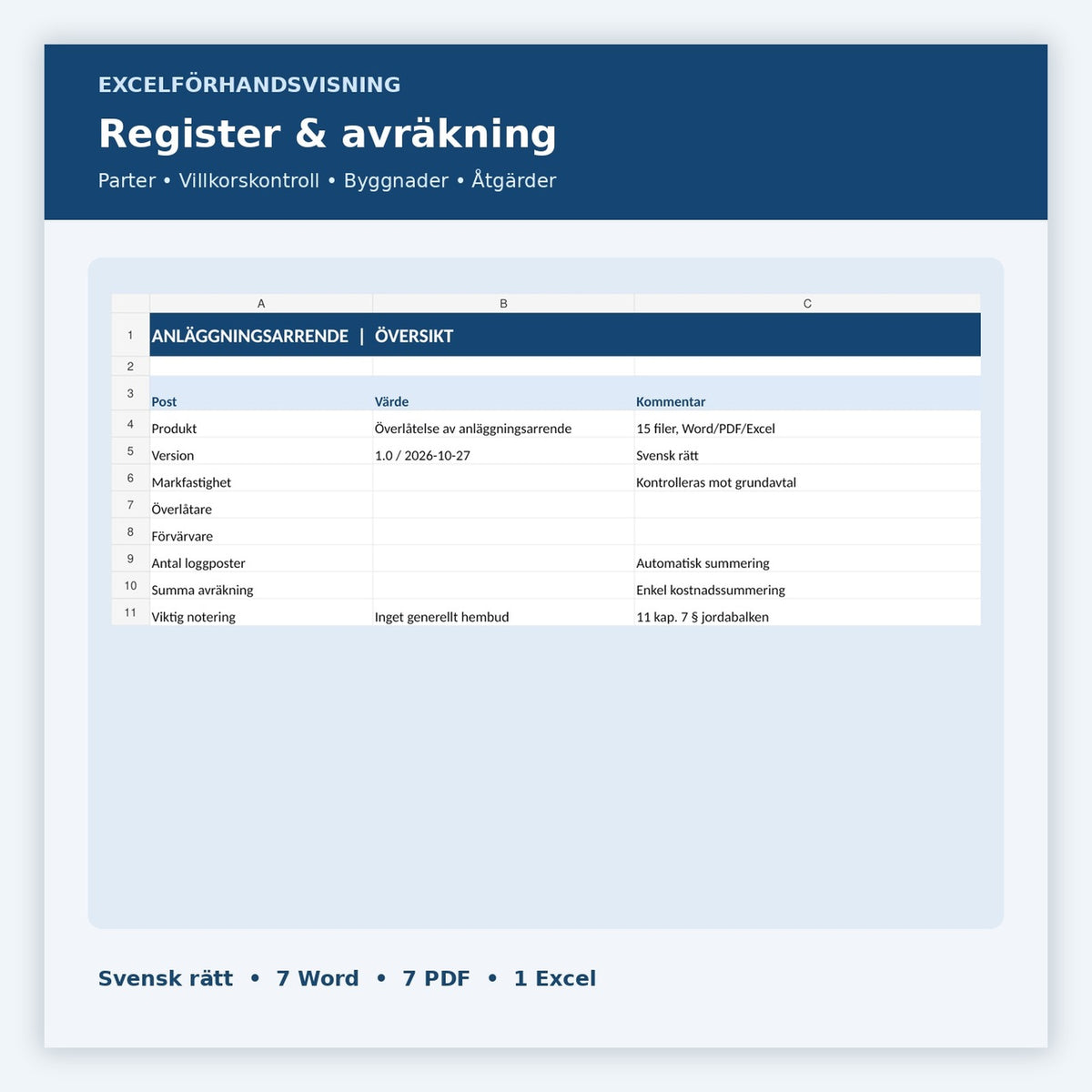 Excelregister för villkorskontroll och avräkning av anläggningsarrende