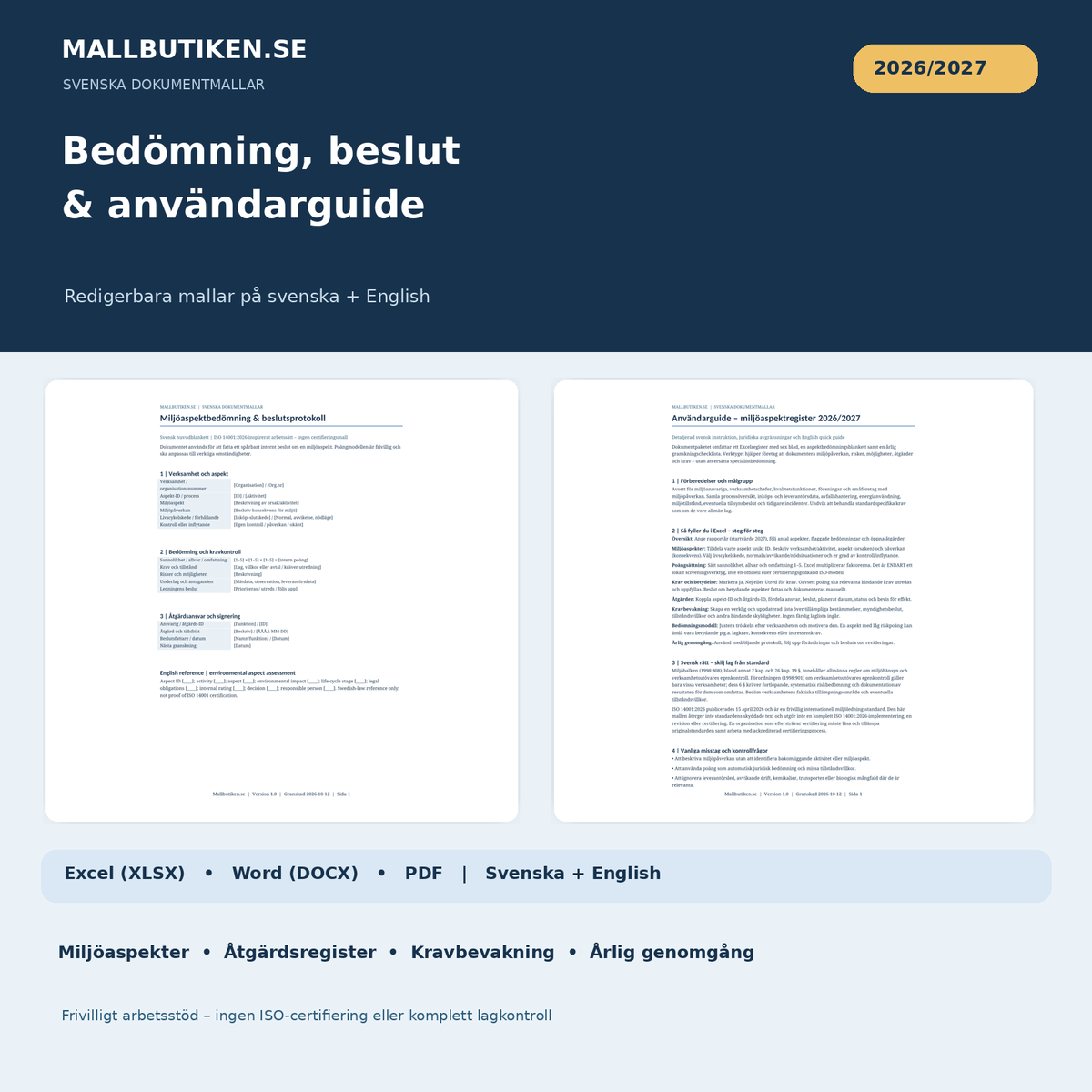 Miljöaspektbedömning och årlig miljöaspektgenomgång Word PDF användarguide svenska engelska