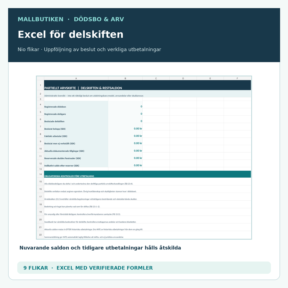 Excelregister för delskifte med nio flikar för beslutade delutbetalningar och verkliga utbetalningar
