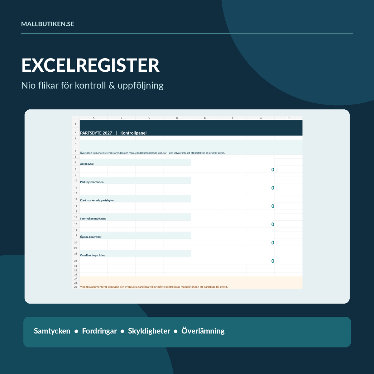 Excel partsbytesregister med nio flikar för avtal, samtycken, fordringar, skyldigheter och överlämning