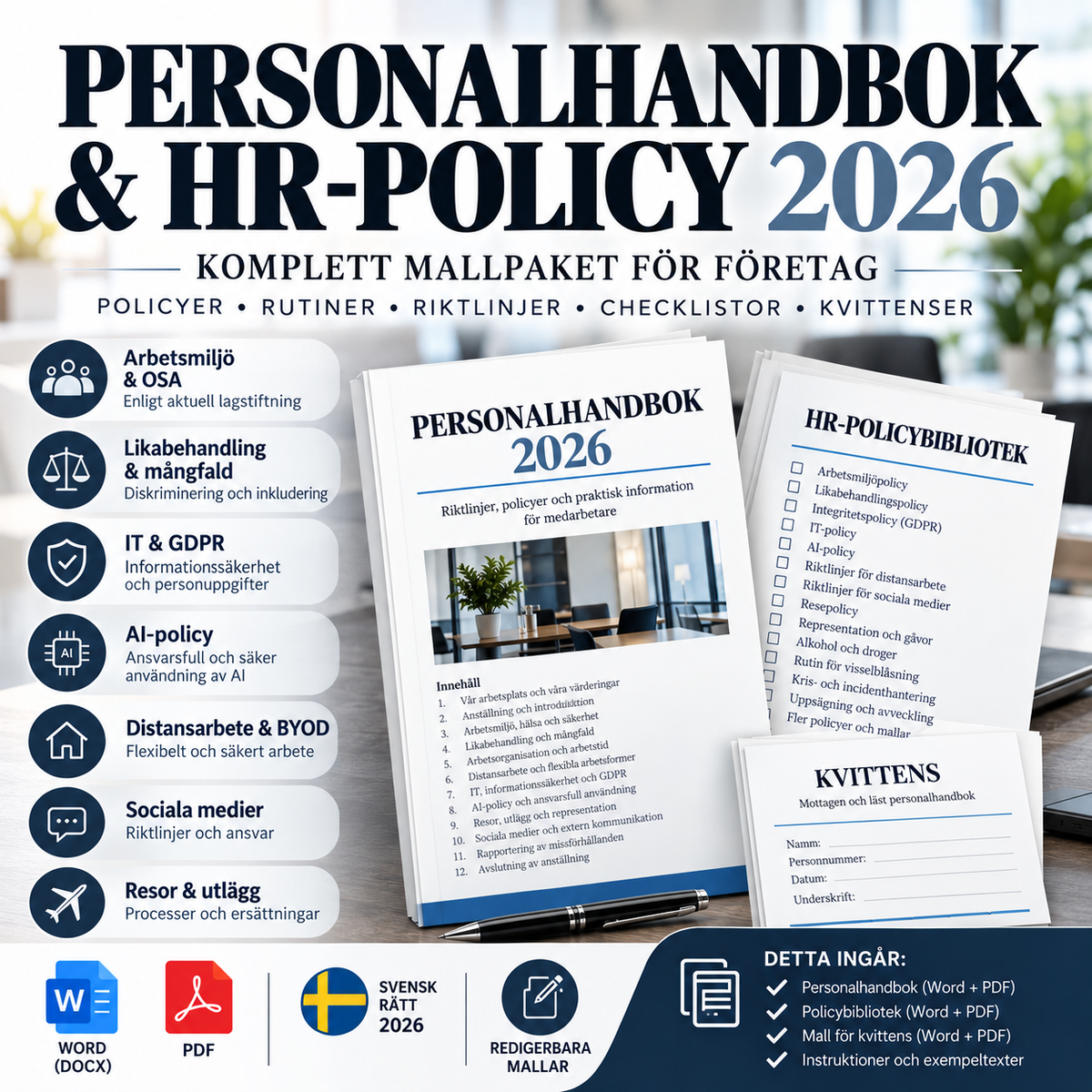 Personalhandbok och HR-policy mallpaket 2026 – Word och PDF