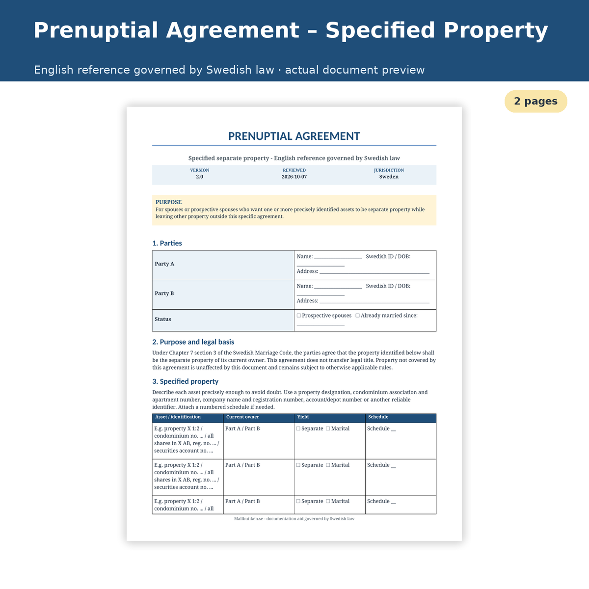 English reference preview of prenuptial agreement for specified separate property governed by Swedish law