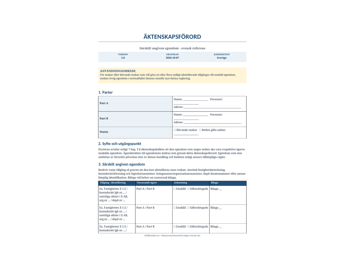 Swedish reference preview included with the English prenuptial agreement for specified separate property