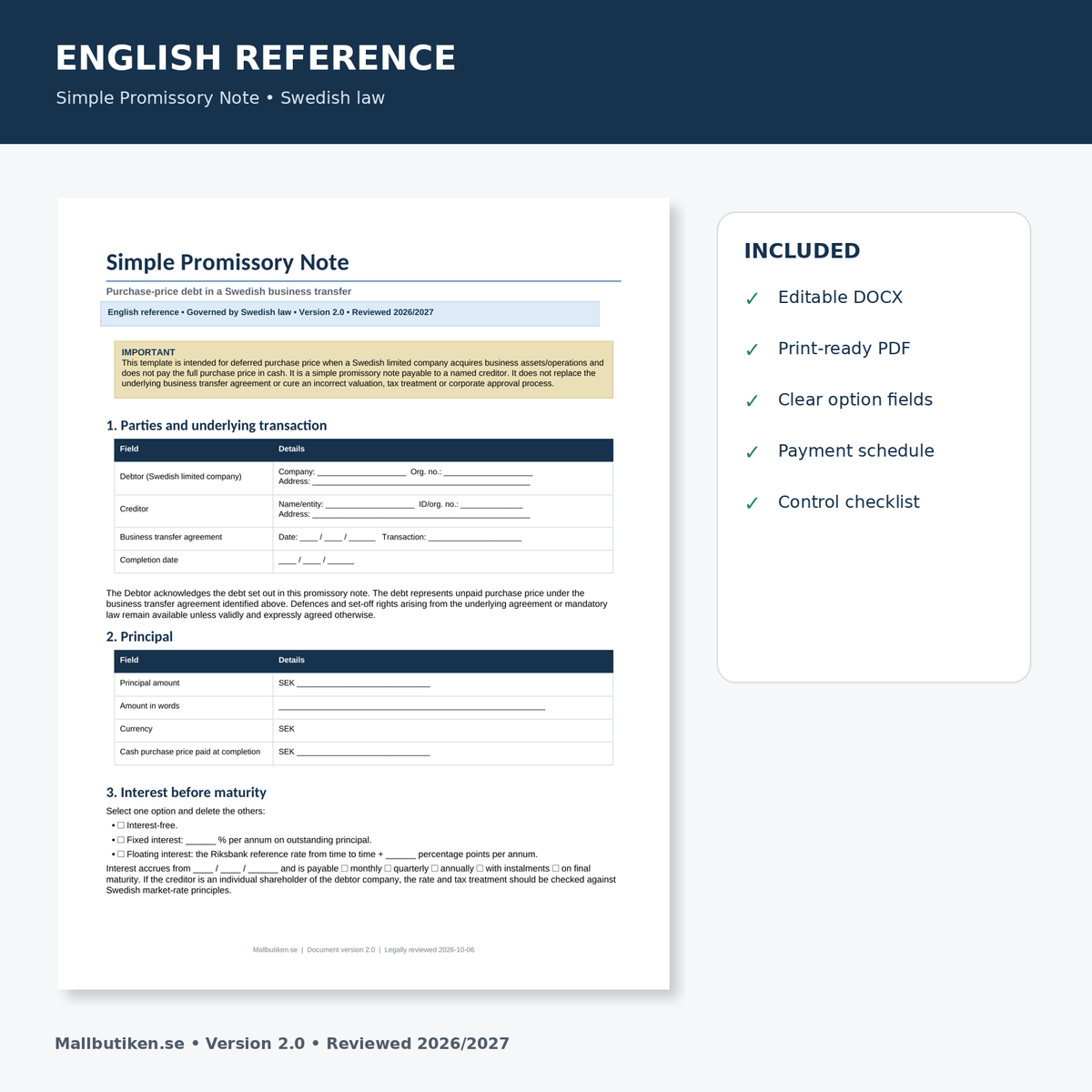 English reference preview of simple promissory note for Swedish business transfer