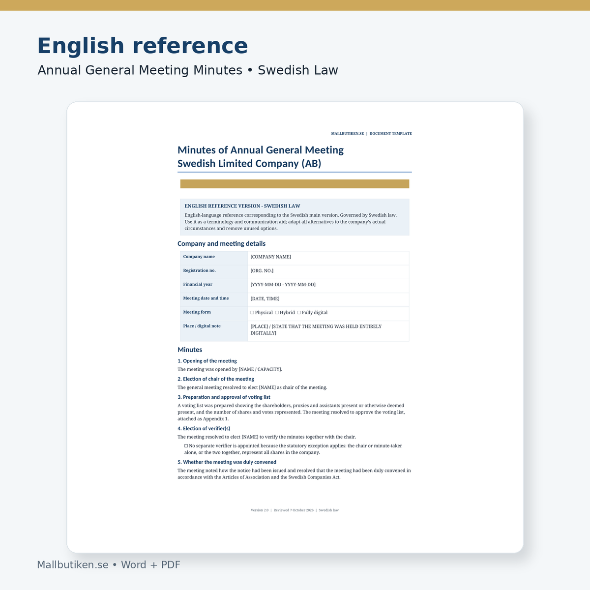 English reference of annual general meeting minutes for a Swedish limited company