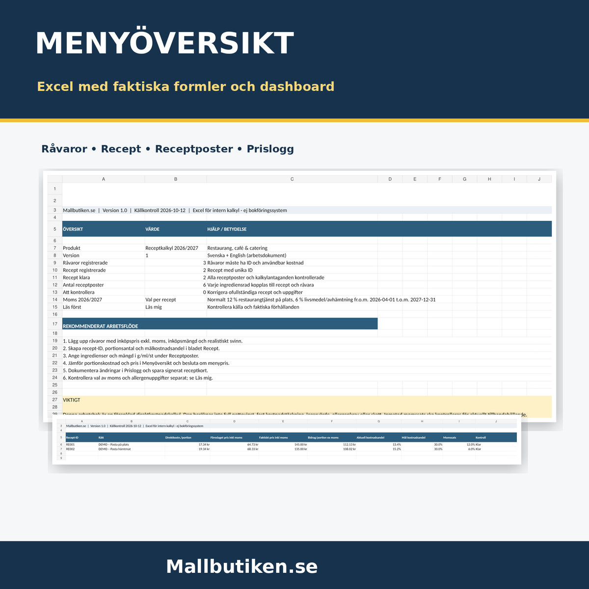Excel receptkalkyl med dashboard råvarukostnad svinn portionspris menyöversikt