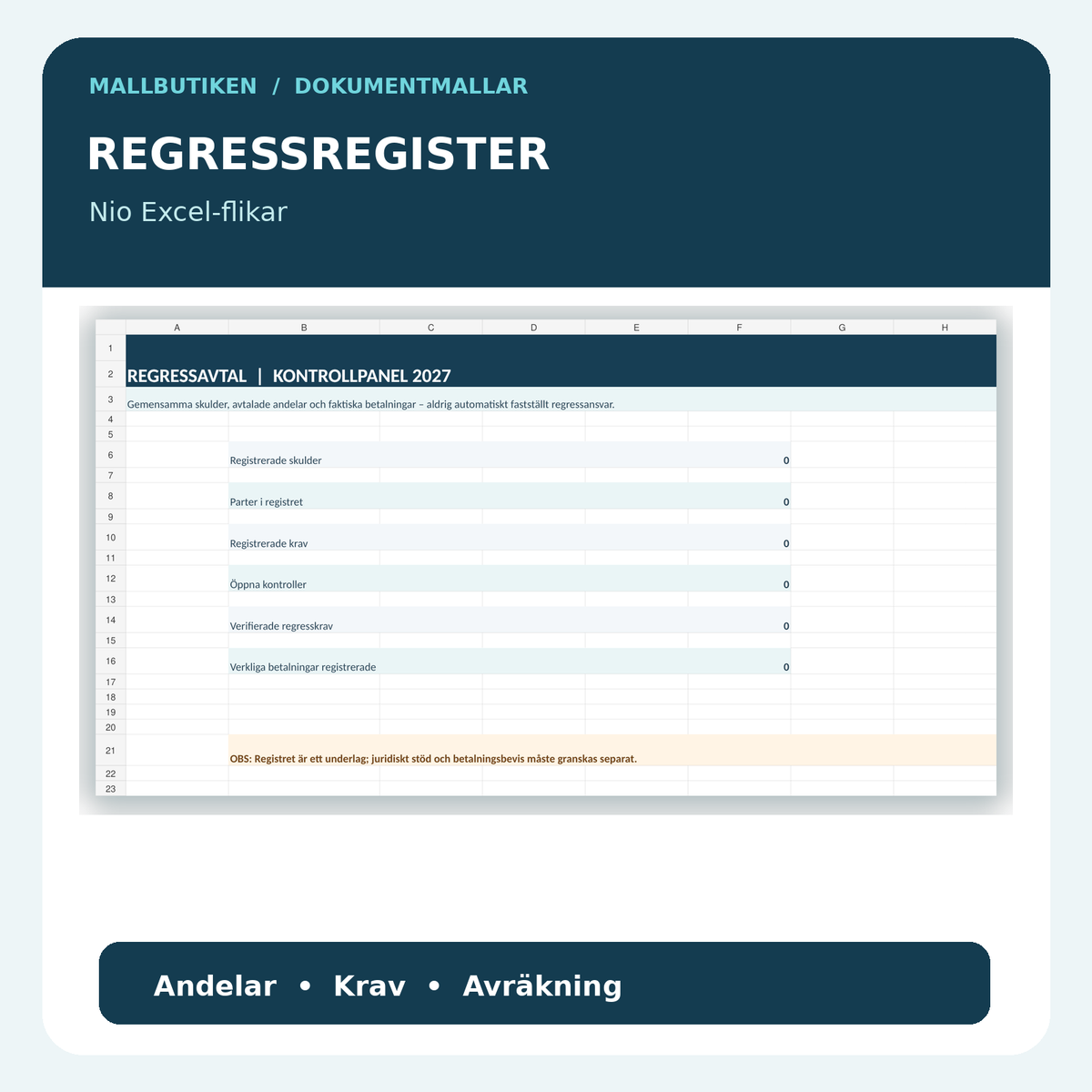 Regressregister Excel med nio flikar för gemensamma skulder, betalningar och avräkning