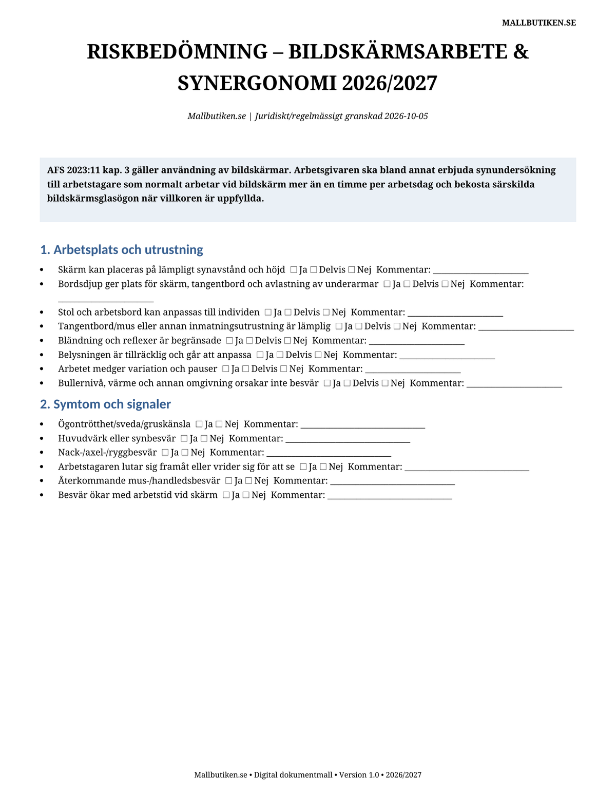 Riskbedömning bildskärmsarbete synergonomi 2026/2027 Word PDF