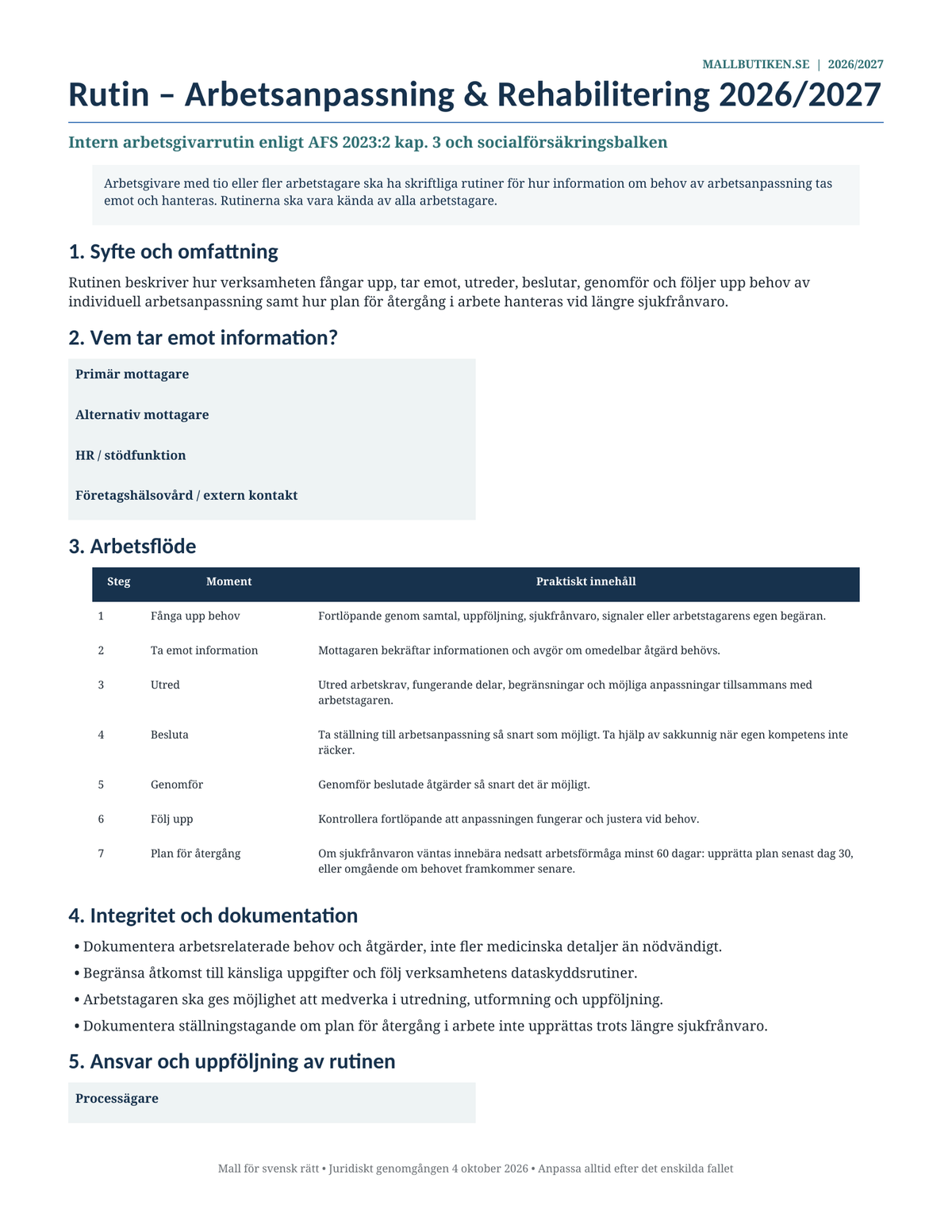 Rutin arbetsanpassning rehabilitering 2026/2027 arbetsgivare