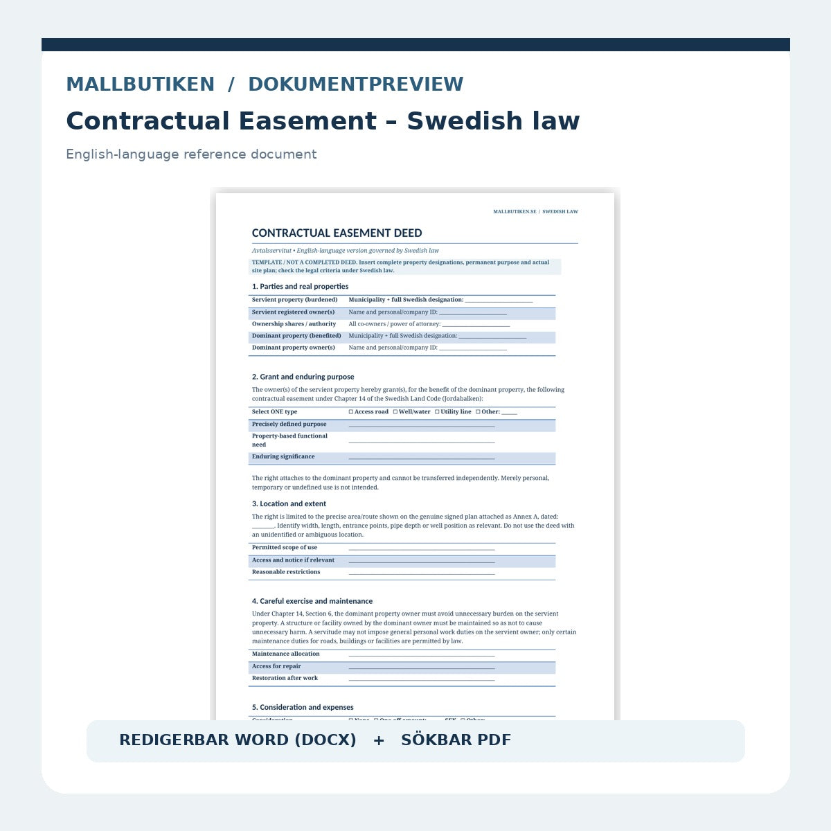 English preview contractual easement under Swedish law in Word and PDF