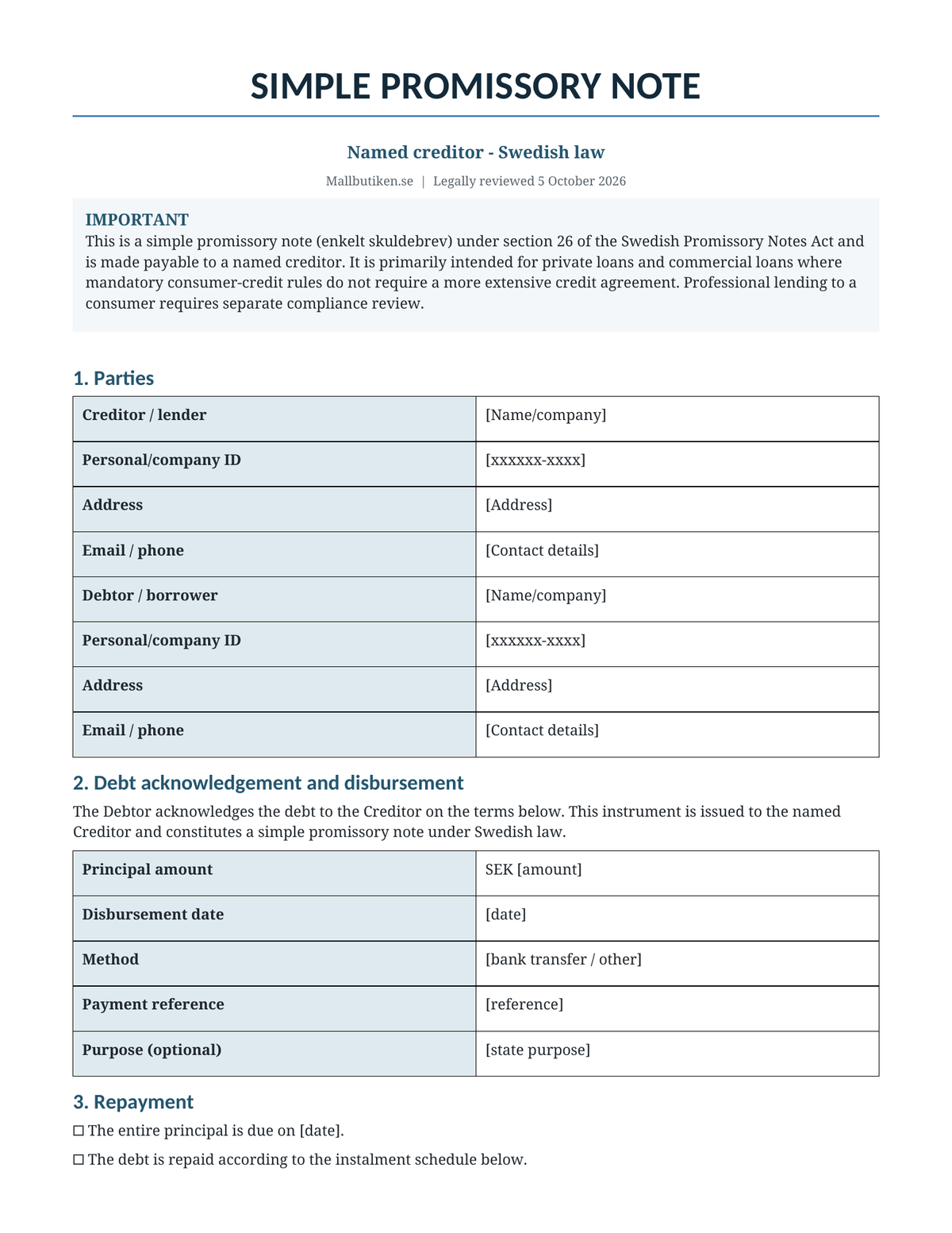Preview of English simple promissory note template under Swedish law
