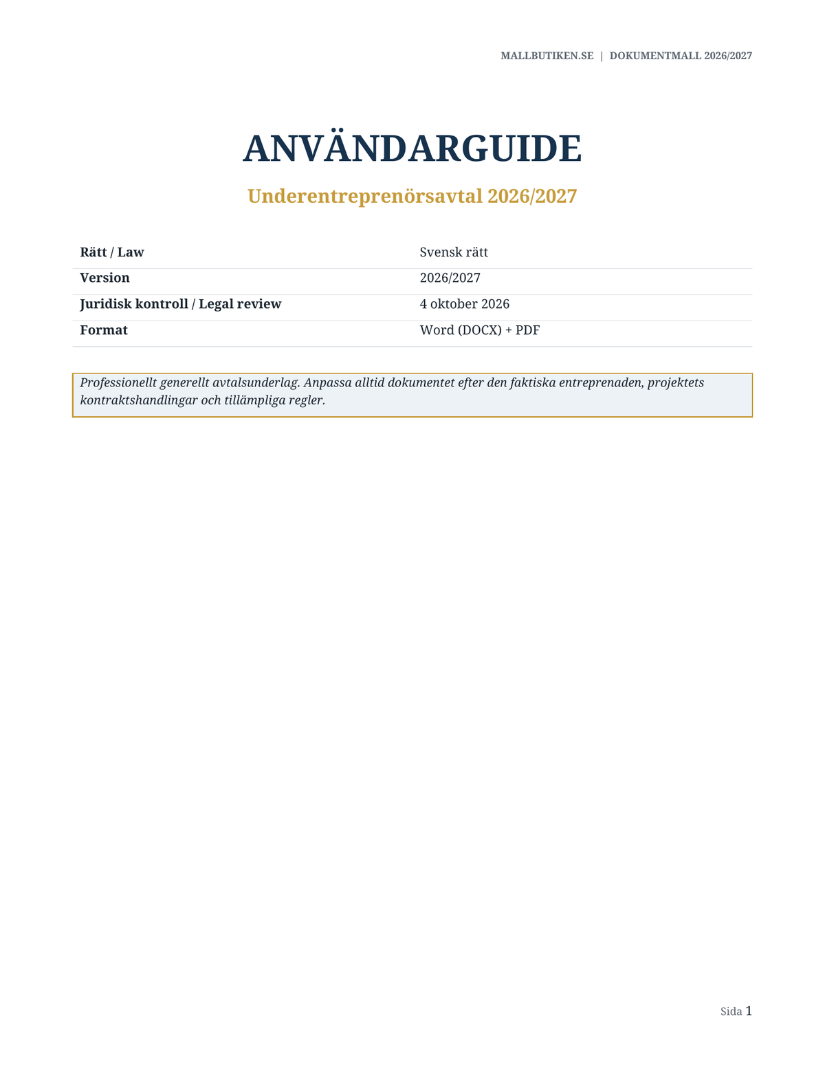Användarguide till Underentreprenörsavtal 2026/2027