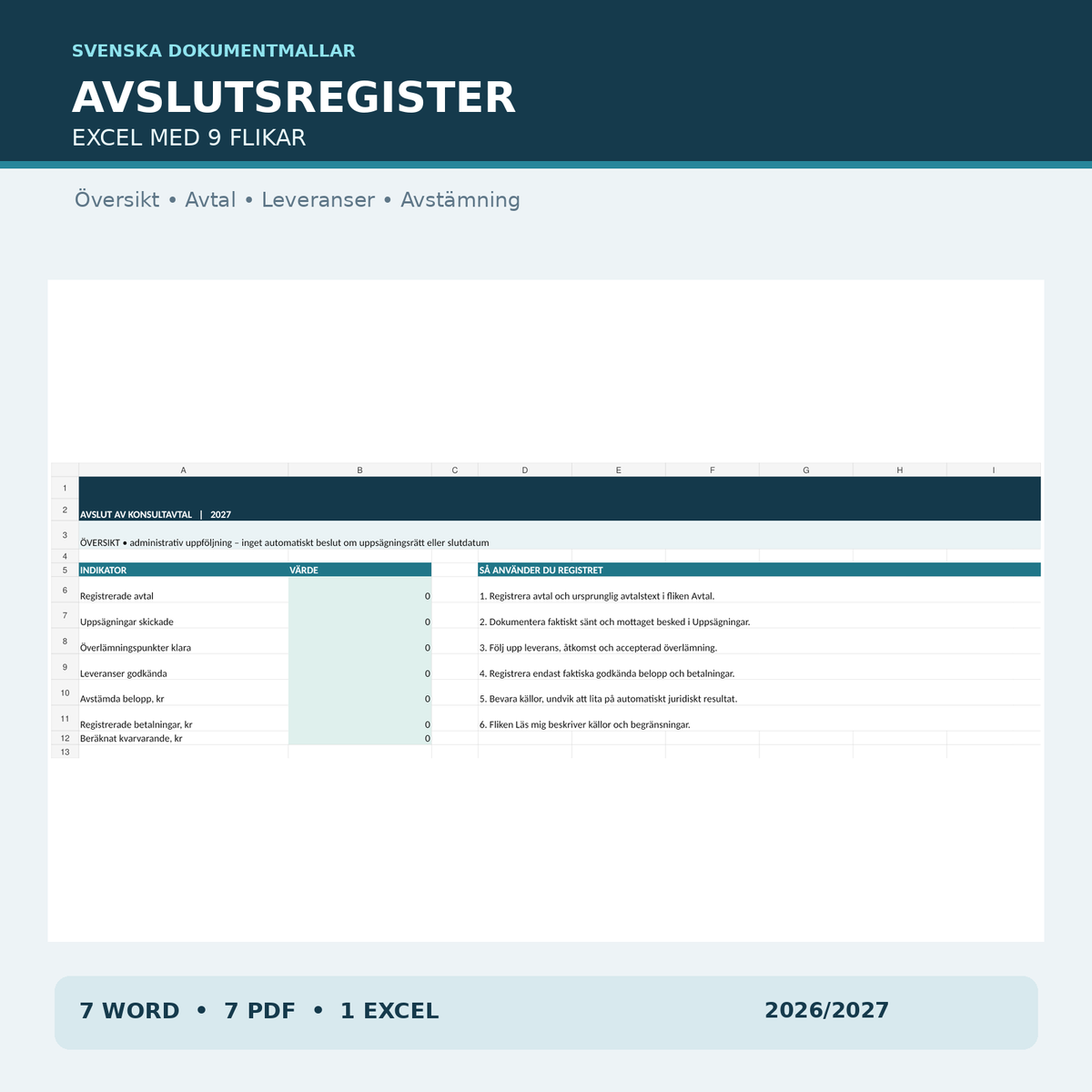 Avslutsregister i Excel för konsultavtal – översikt, dokumentstatus, överlämning och slutavräkning