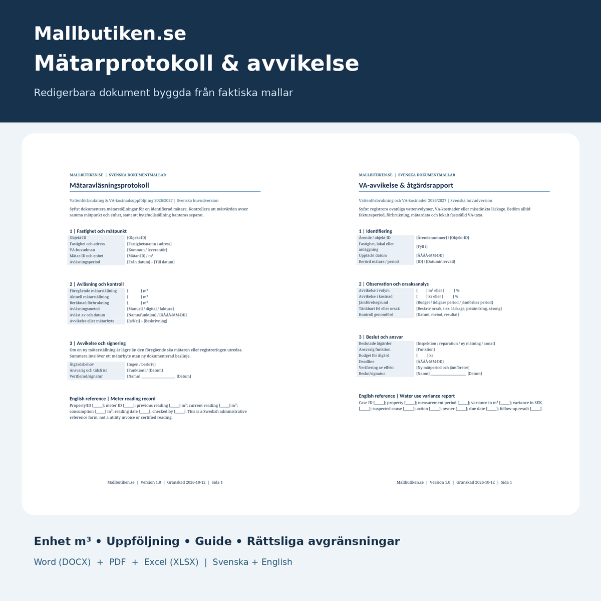 Mätaravläsningsprotokoll och VA-avvikelserapport i Word och PDF