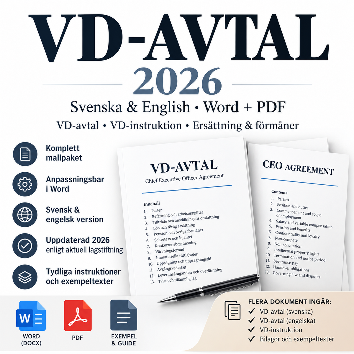 VD-avtal mallpaket 2026 – svenska och engelska – Word och PDF