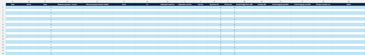 Preview of English vehicle logbook Excel template under Swedish law