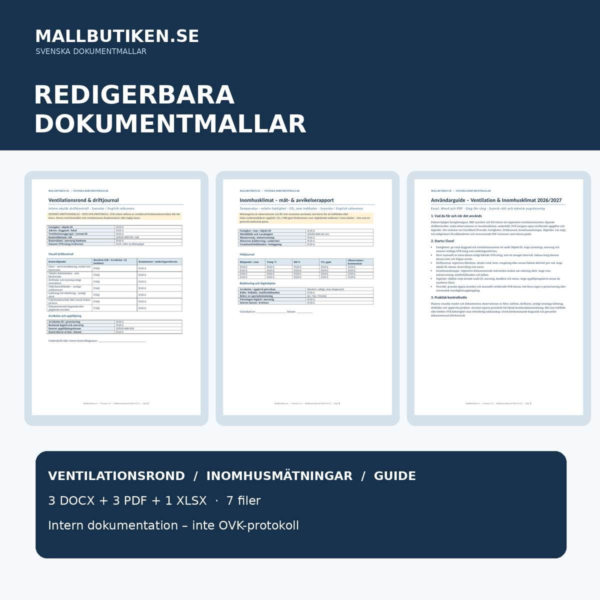 Ventilationsrond och mätprotokoll för inomhusklimat i Word PDF med English guide