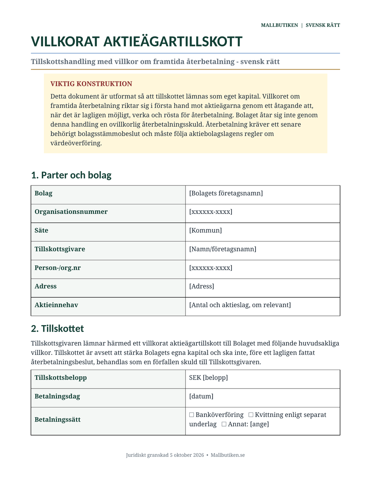 Swedish reference preview for conditional shareholder contribution under Swedish law