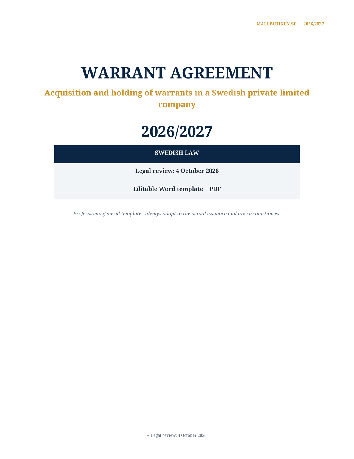 Cover of Warrant Agreement 2026/2027 under Swedish law