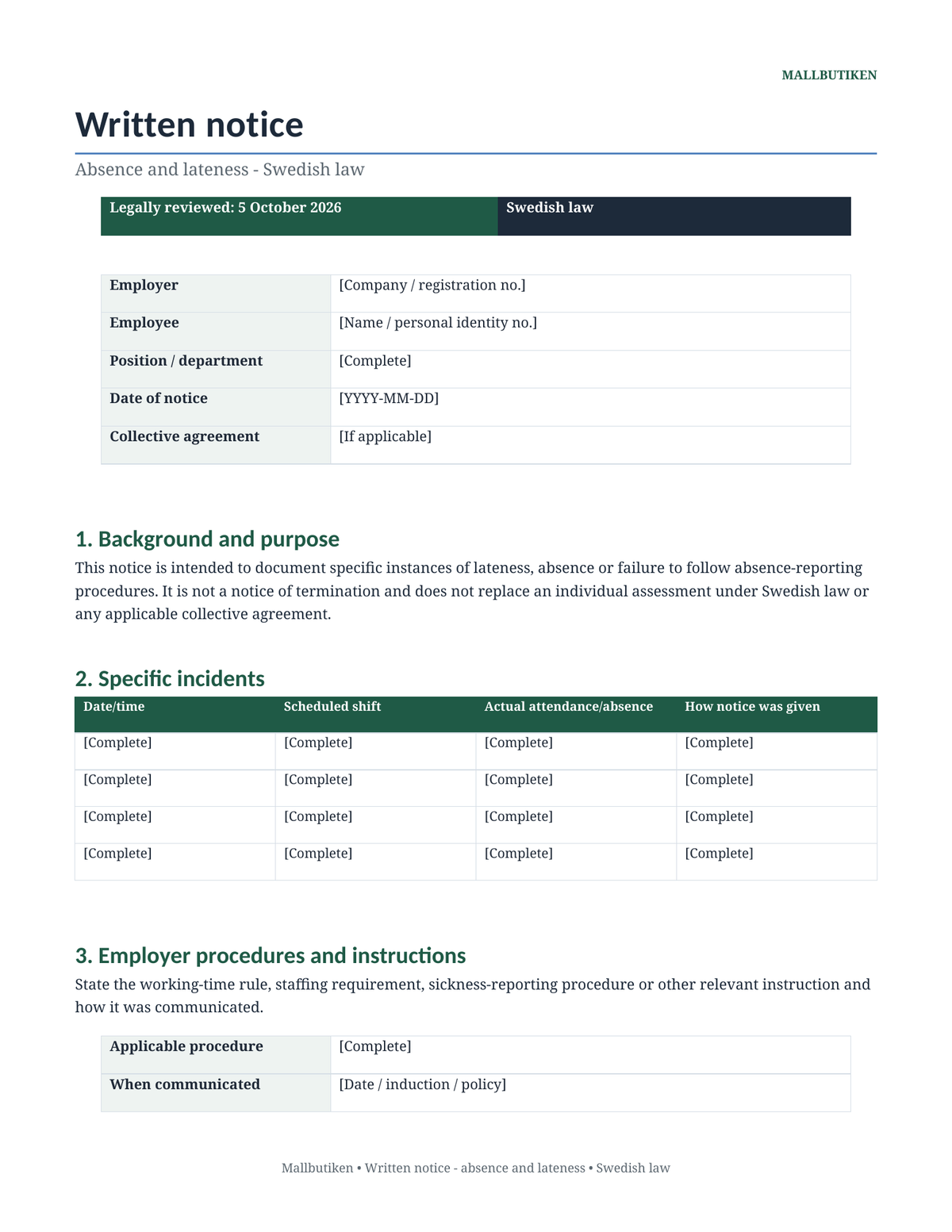 Preview of English written notice template for absence and lateness under Swedish law