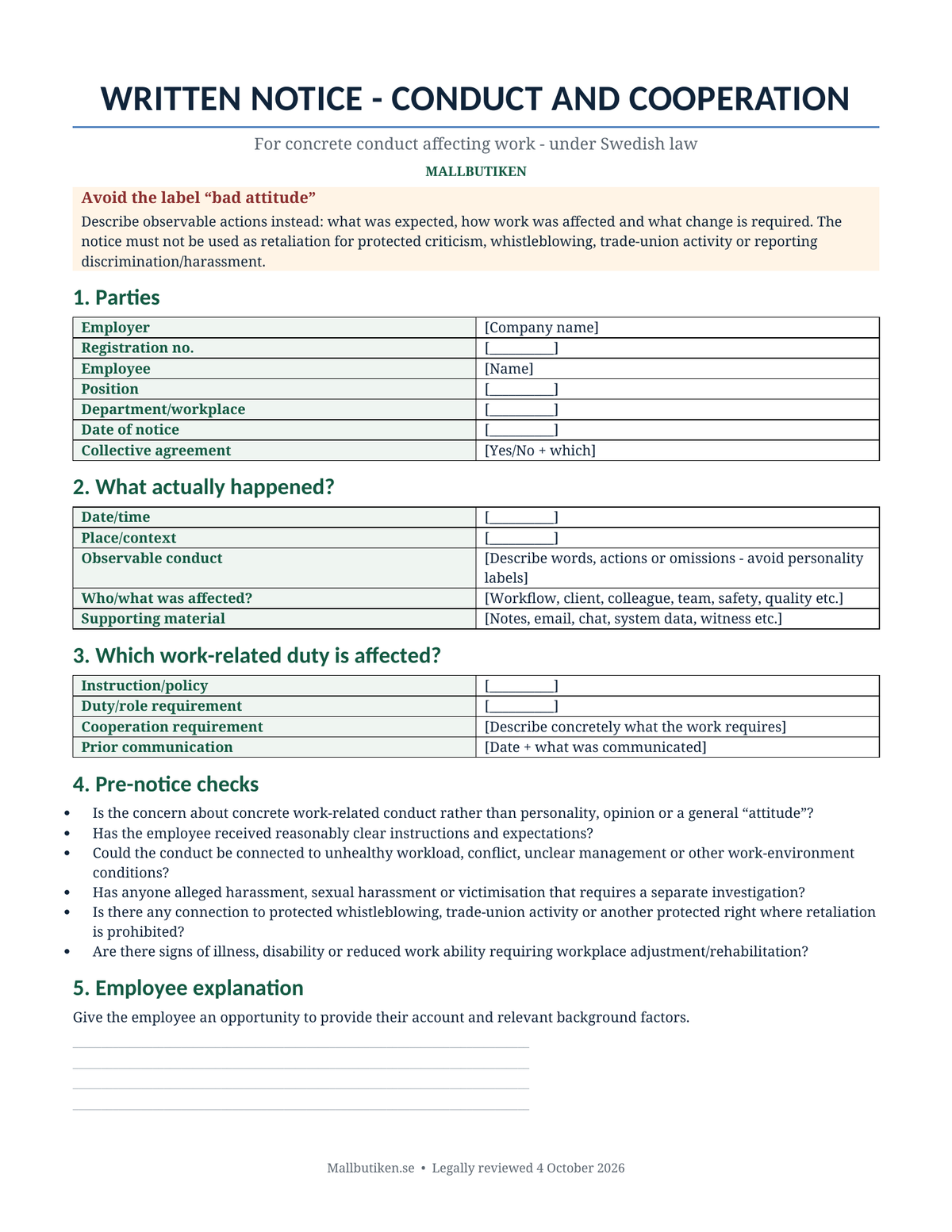 Preview of English written notice template for conduct and cooperation under Swedish law
