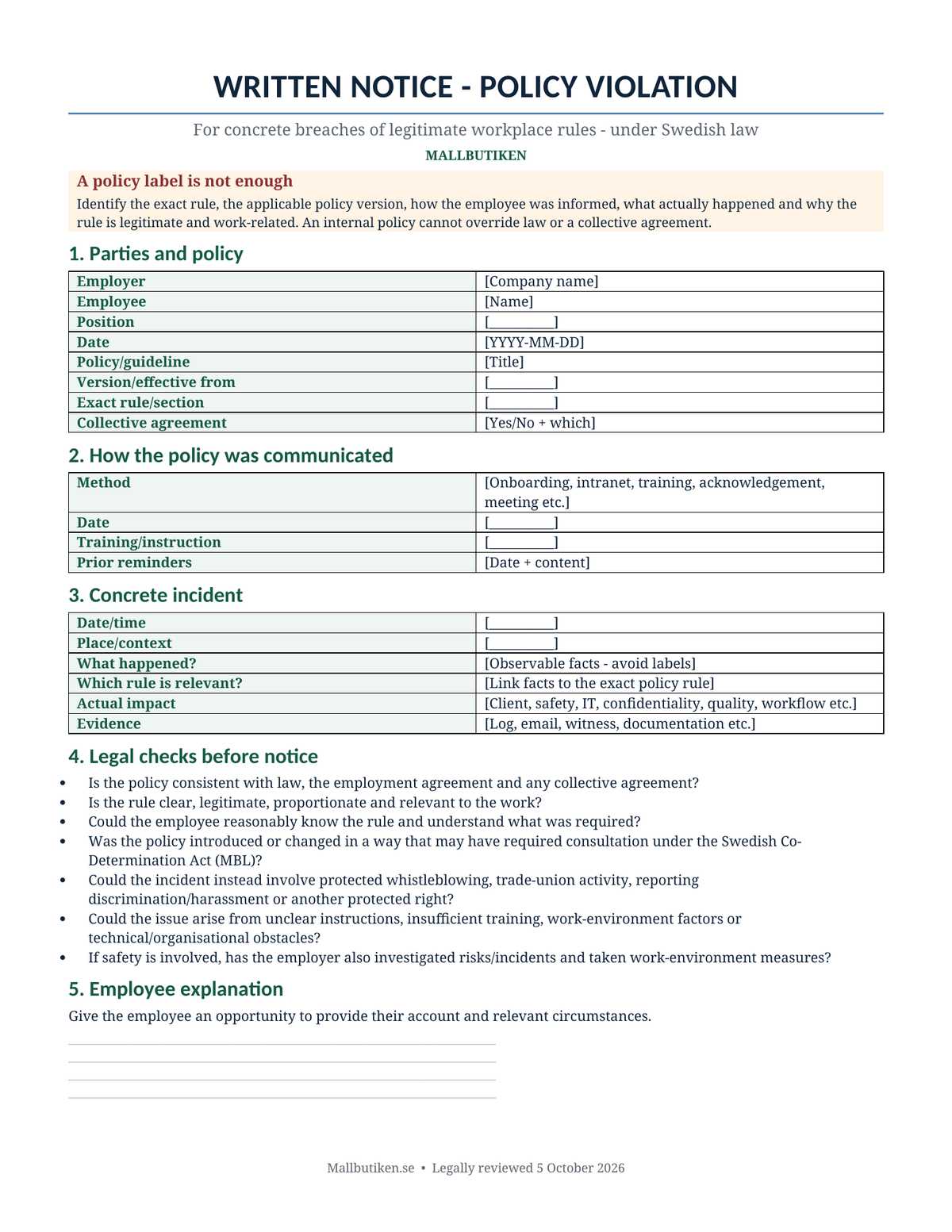 Preview of English written notice template for policy violations under Swedish law