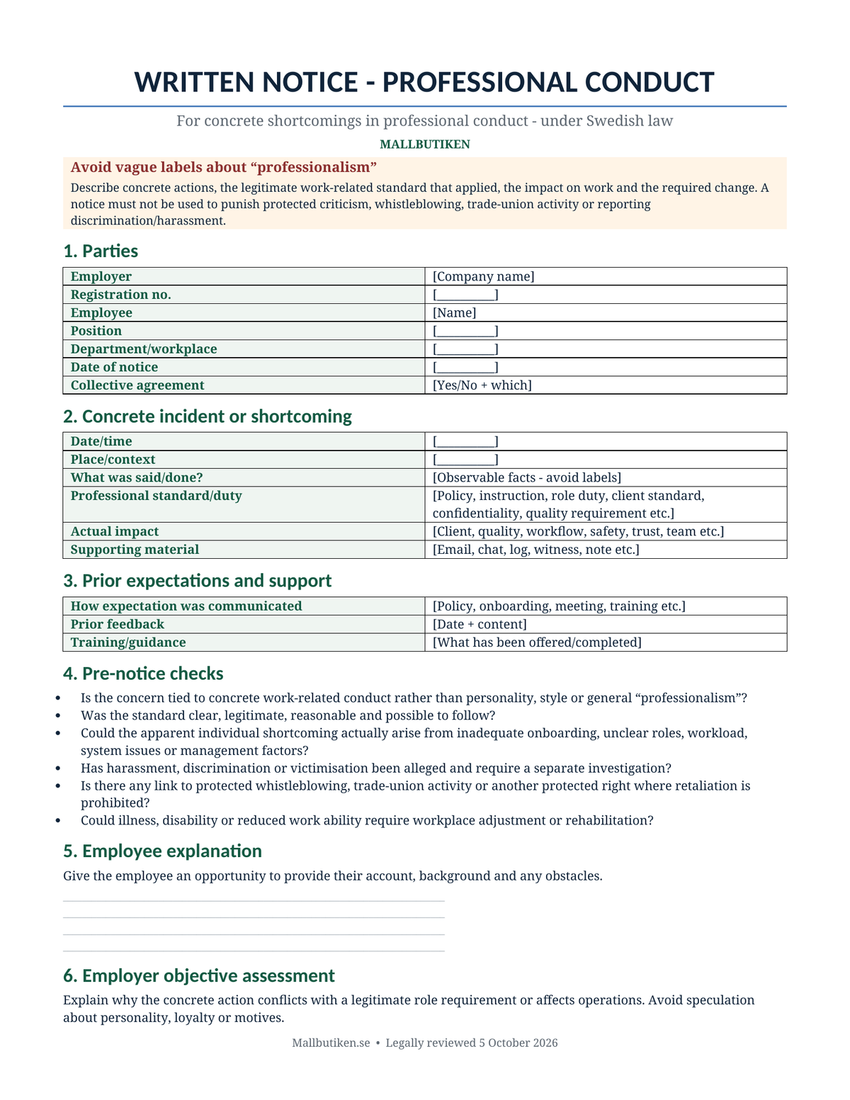 Preview of English written notice template for professional conduct under Swedish law