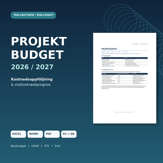 Projektbudget och kostnadsuppföljning 2026/2027 med budget, utfall och slutkostnadsprognos
