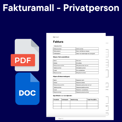 Fakturamall för privatperson med betalningsuppgifter och specifikation