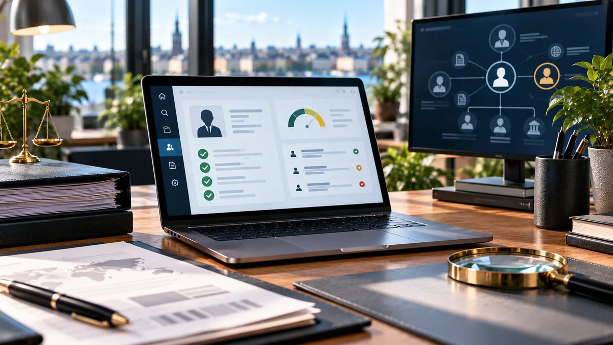 Arbetsplats för AML och PEP-kontroll med digital riskbedömning, ägarstruktur och dokumentation av kundkännedom.