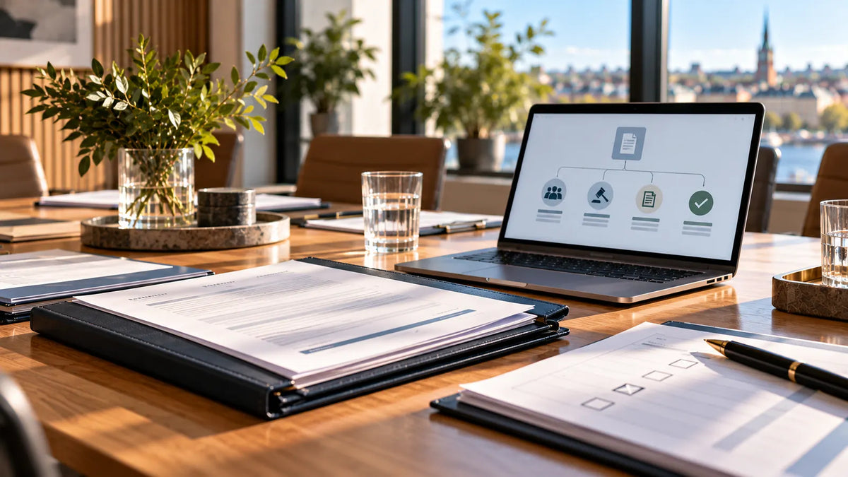 Bolagsstämmans beslutsunderlag med juridiska handlingar och digital översikt över omröstning, ändrad bolagsordning och registrering.