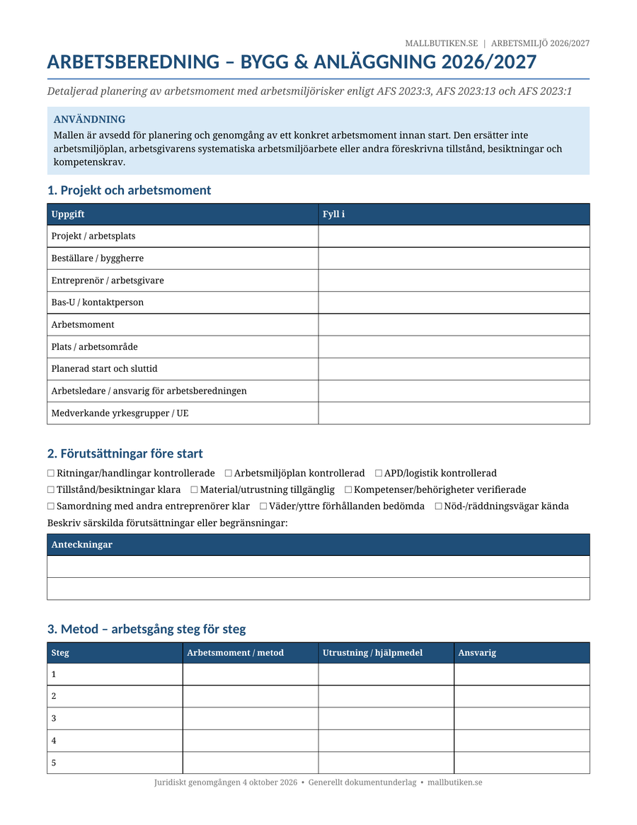 Arbetsberedning i bygg och anläggning – AFS 2023:3