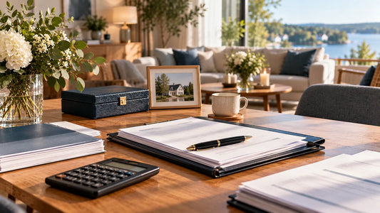 Dokument och ekonomiska beräkningar på ett skrivbord inför bodelning vid dödsfall och efterlevande makes begäran enligt 12 kap. 2 § äktenskapsbalken.