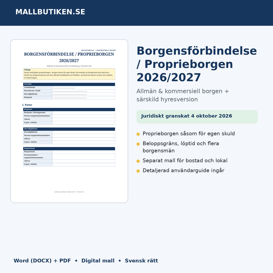 Borgensförbindelse och proprieborgen för hyresavtal 2026/2027