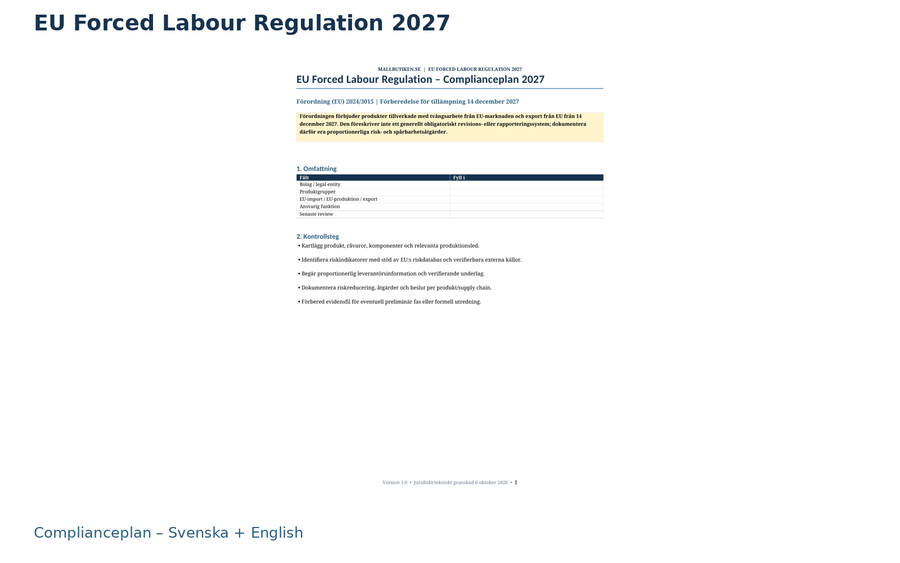 EU Forced Labour Regulation 2027 – riskbedömning och leverantörsdue diligence