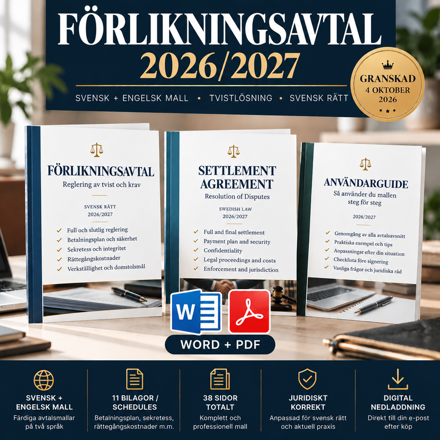 Förlikningsavtal 2026/2027 – svensk och engelsk mall
