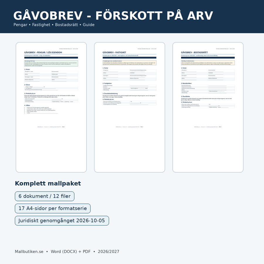 Förskott på arv – gåvobrev, avräkning och laglott 2026