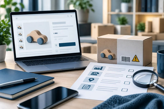 GPSR artikel 19 – illustration av produktannons i webbutik, produktförpackning och kontroll av säkerhetsuppgifter