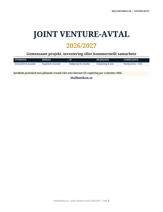 Joint Venture-avtal 2026/2027 – svenska och engelska