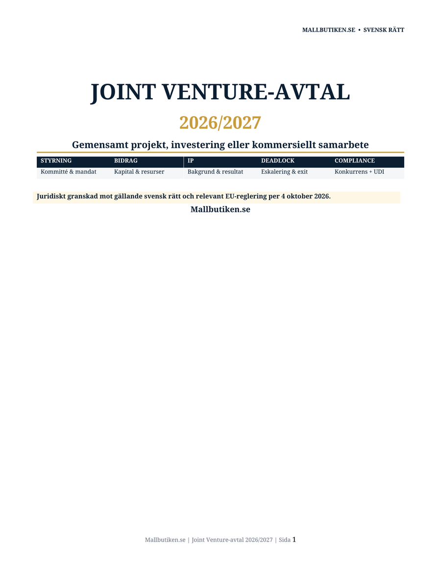 Joint Venture-avtal 2026/2027 – svenska och engelska