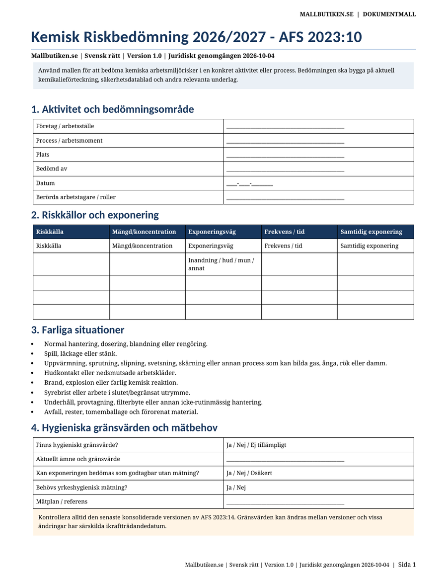 Kemiska risker – kemikalieförteckning, riskbedömning och skyddsinstruktion