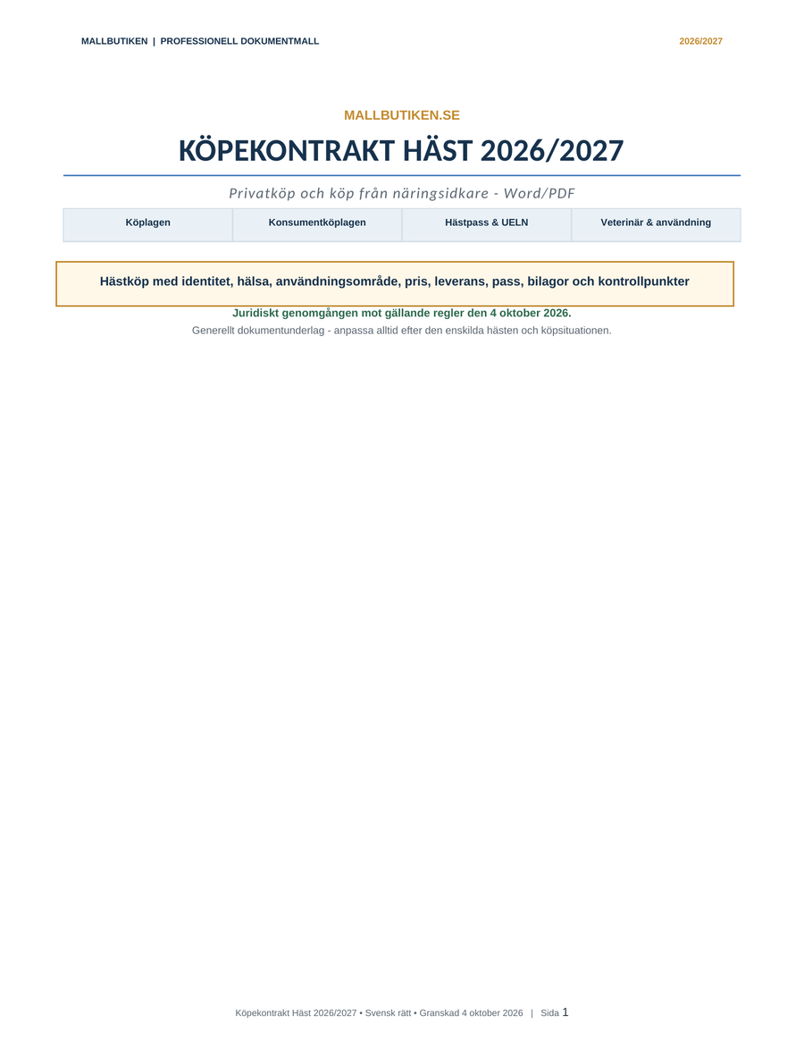 Köpekontrakt häst – veterinärbesiktning, hästpass och ansvar