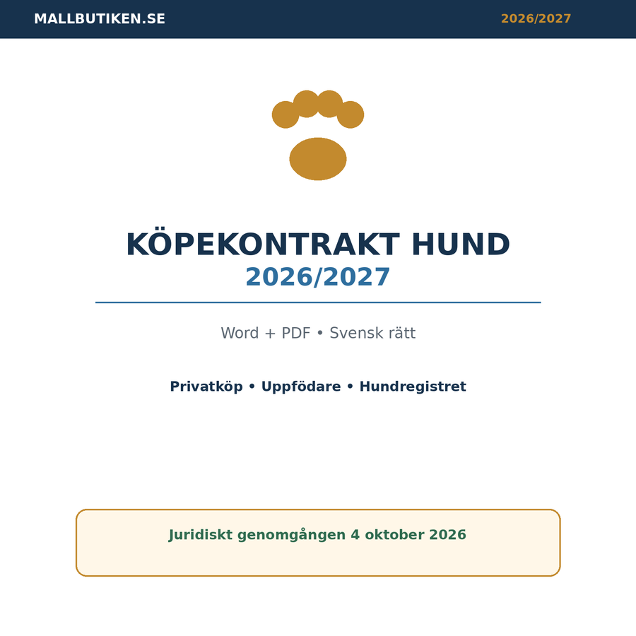 Köpekontrakt för hund 2026/2027 – Word och PDF