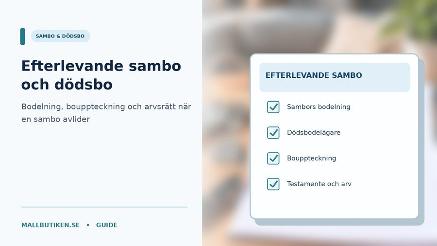 Illustration av efterlevande sambo med bouppteckning, bodelning och dödsbohandlingar