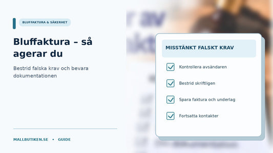 Bluffaktura med varningssymbol och checklista för att bestrida och dokumentera ett falskt krav
