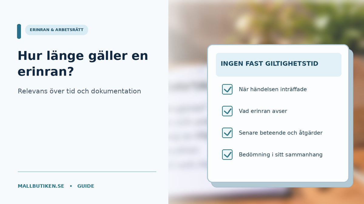 Skriftlig erinran med kalender och checklista om relevans över tid utan fast giltighetstid