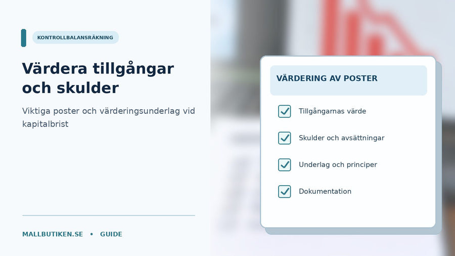 Kontrollbalansräkning med kalkylator, tillgångsvärden, skulder och värderingsunderlag