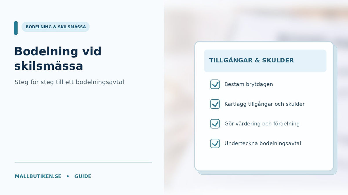 Bodelningsavtal vid skilsmässa med ringar, egendomsfördelning och juridiskt dokument