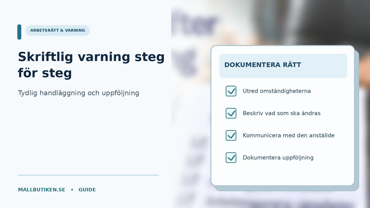 Stegvis illustration av skriftlig varning med dokument, medarbetarsamtal och uppföljning